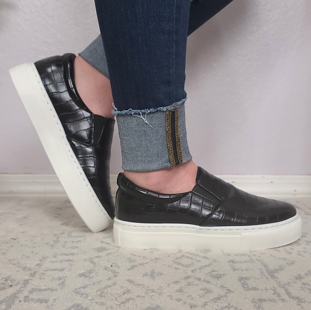 Qupid Black Slip-On Sneakers with Croc Texture